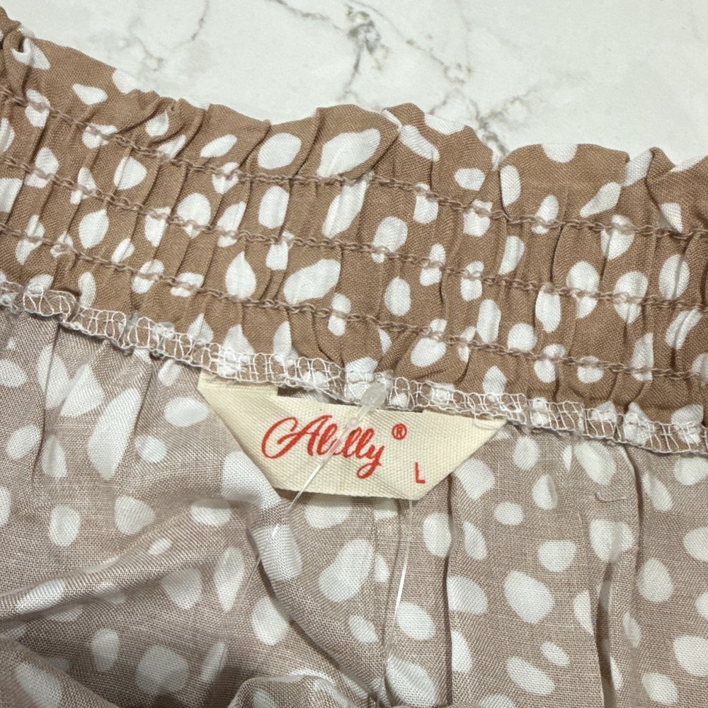 Ally Brown & White Animal Print Mini Skirt L Elastic Waist Drawstring Ruffle - Picture 5 of 7